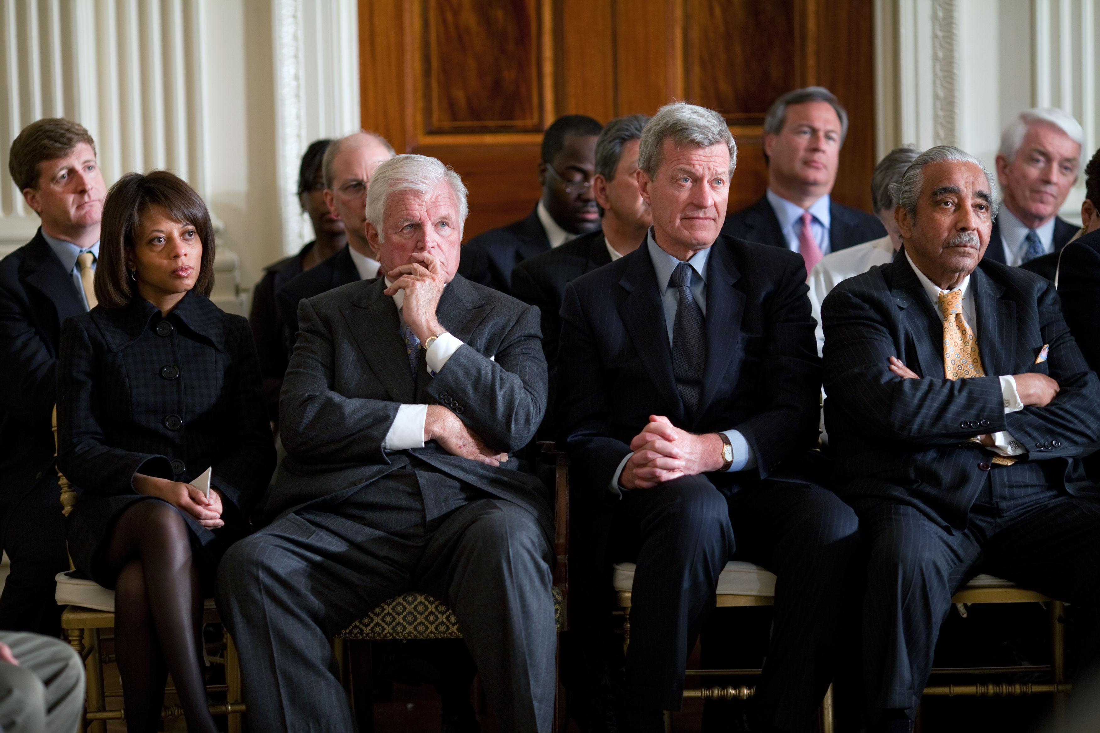 Sen. Ted Kennedy, along with White House Domestic Policy Council Director Melody Barnes, left, Sen. Max Baucus (D-MT), second from right, and Rep. Charles Rangel (D-NY) listen during a Health Care Summit second session in the East Room of the White House March 5, 2009. Sen. Kennedy's son, Rep. Patrick Kennedy (D-RI), is seated in the second row at left. (Official White House Photo by Pete Souza) This official White House photograph is being made available only for publication by news organizations and/or for personal use printing by the subject(s) of the photograph. The photograph may not be manipulated in any way and may not be used in commercial or political materials, advertisements, emails, products, promotions that in any way suggests approval or endorsement of the President, the First Family, or the White House.